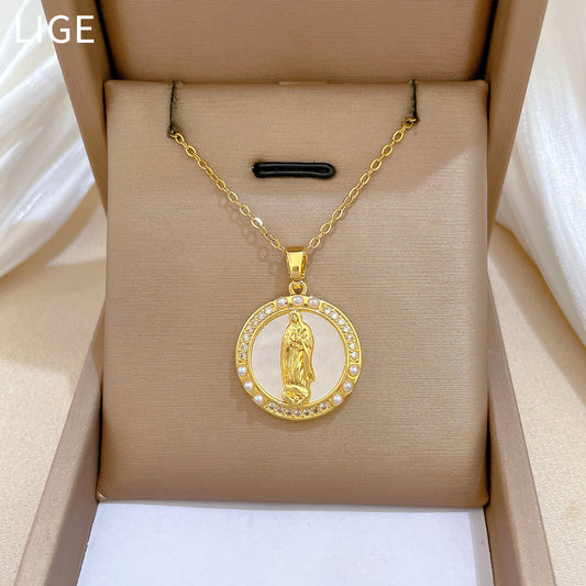Sweet Minimalist Geometric Moon Pearl Shell Portrait Rhinestone Pendant Titanium Steel Necklace for Unisex