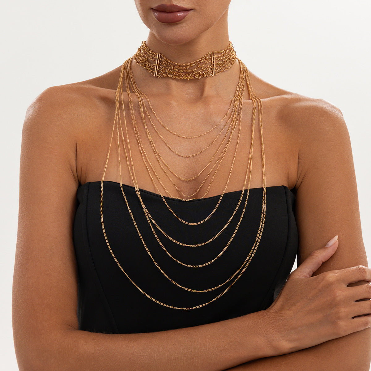 Exaggerated Luxury Geometric Plated Iron Multi-Layer Tassel Necklace for Women