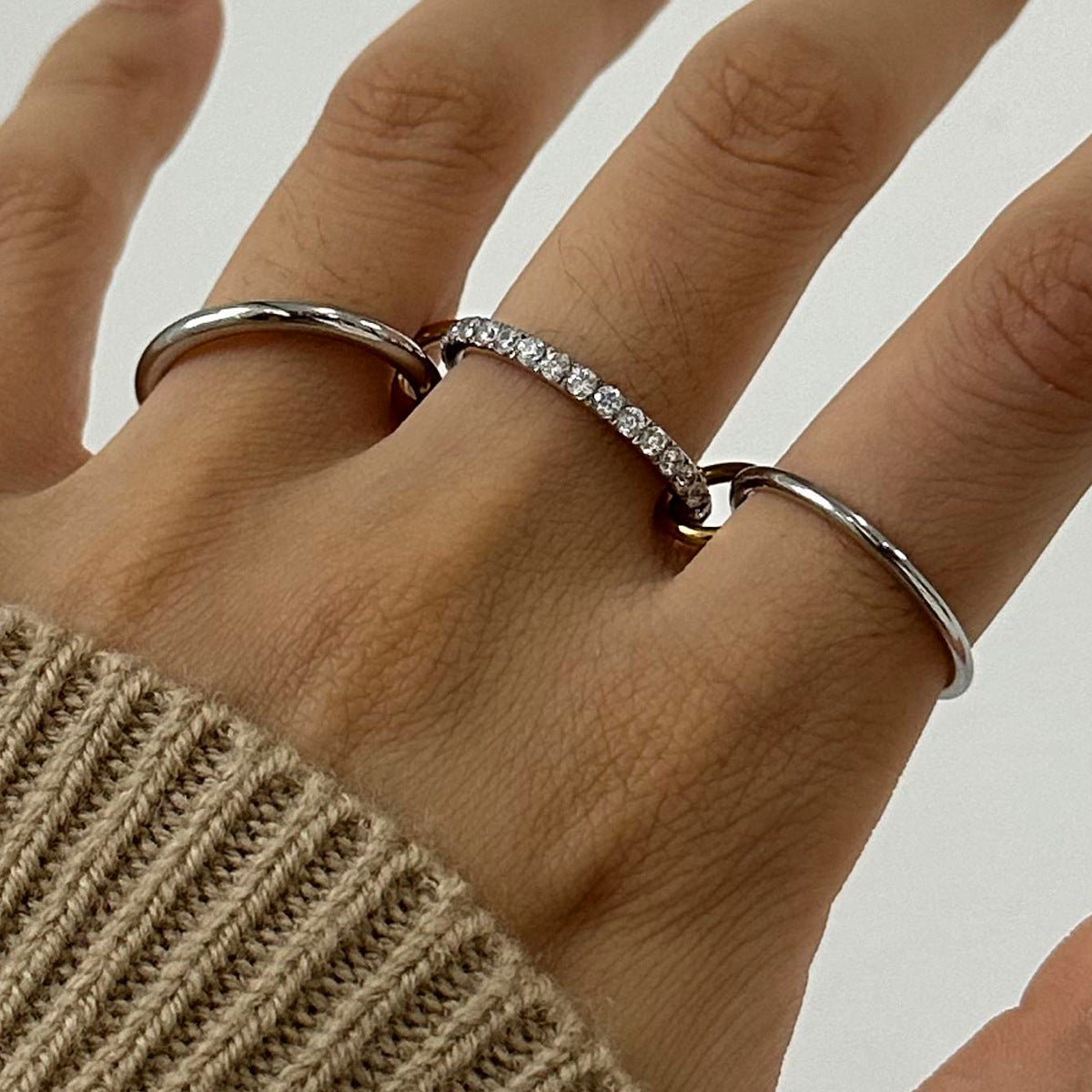 Geometric Stainless Steel Stackable Plain Band Ring with Plated Finish and Zirconia Accents for Women