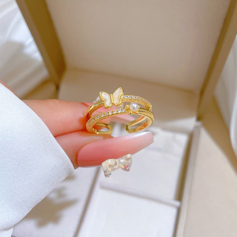 Sweet Minimalist Gold Plated Brass Butterfly Rhinestone Adjustable Ring for Women and Couples