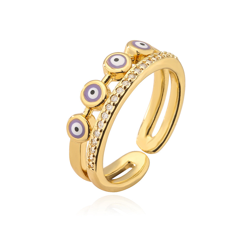 Geometric Open Eye Ring for Women with Copper Base Plated in 18K Gold and Enamel Finish Featuring Evil Eye Design