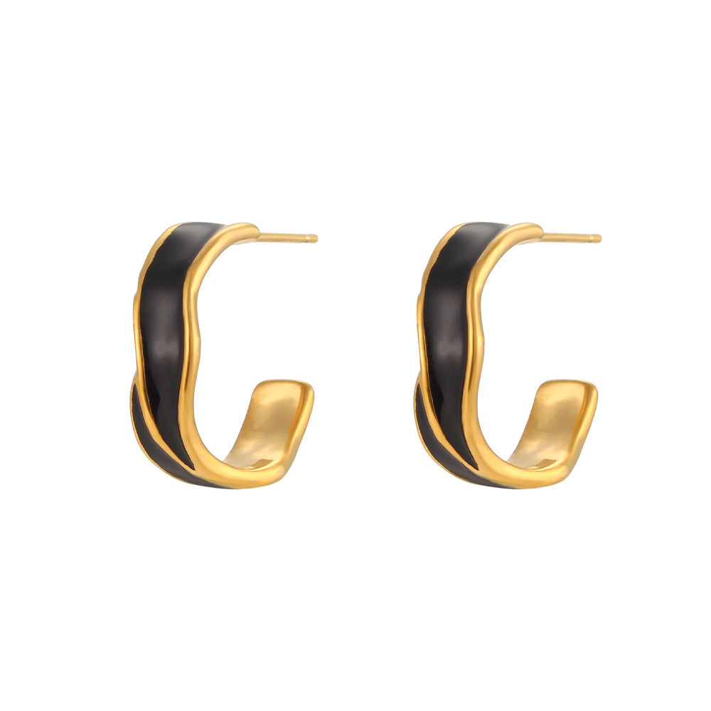 Fashionable Geometric Wheel-Shaped Stainless Steel Earrings with 18K Gold Plating and Enamel Coloring for Women