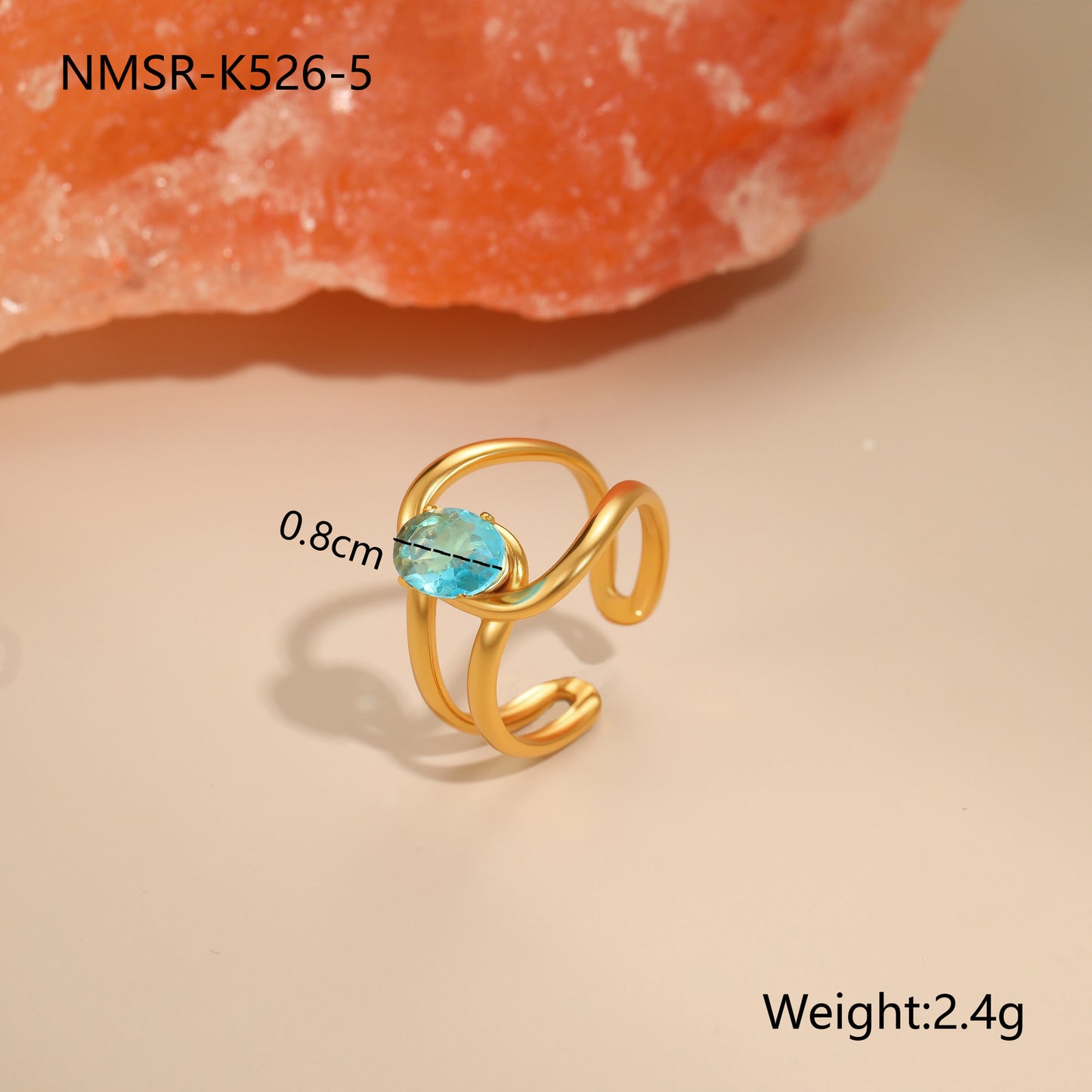 Anillo minimalista de acero inoxidable hueco geométrico con incrustaciones de circonita azul y baño de oro de 18 quilates para mujer