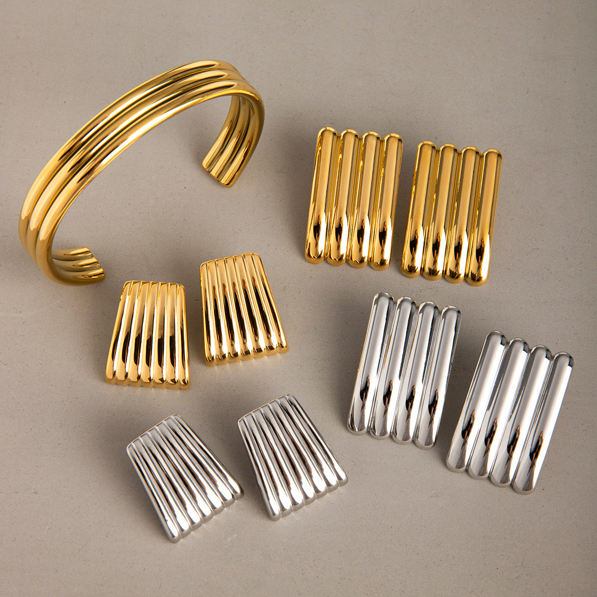 Minimalist 18K Gold Plated Stainless Steel Triple Ribbed Open Cuff Bracelet and Striped Earrings Set