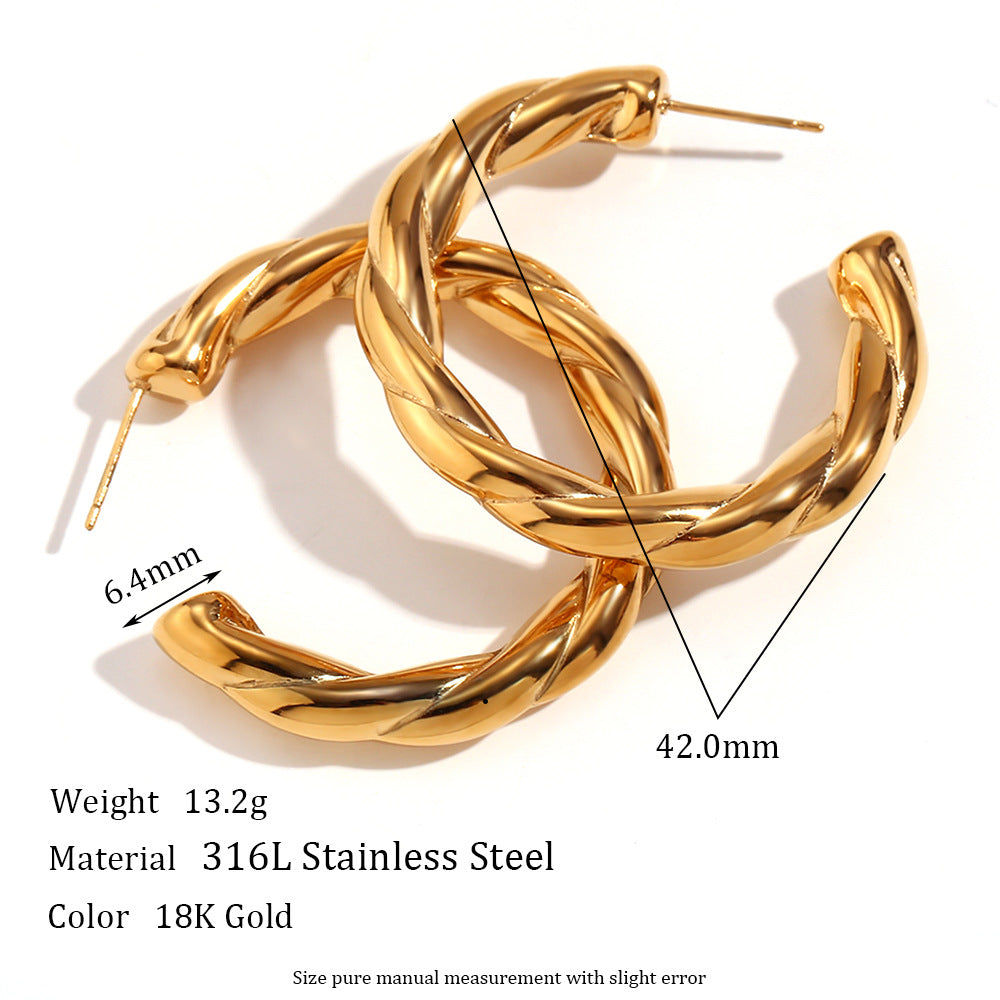Minimalist Geometric Stainless Steel 18K Gold Plated Hollow C-Shaped Earrings for Women with Textured Hemp Pattern