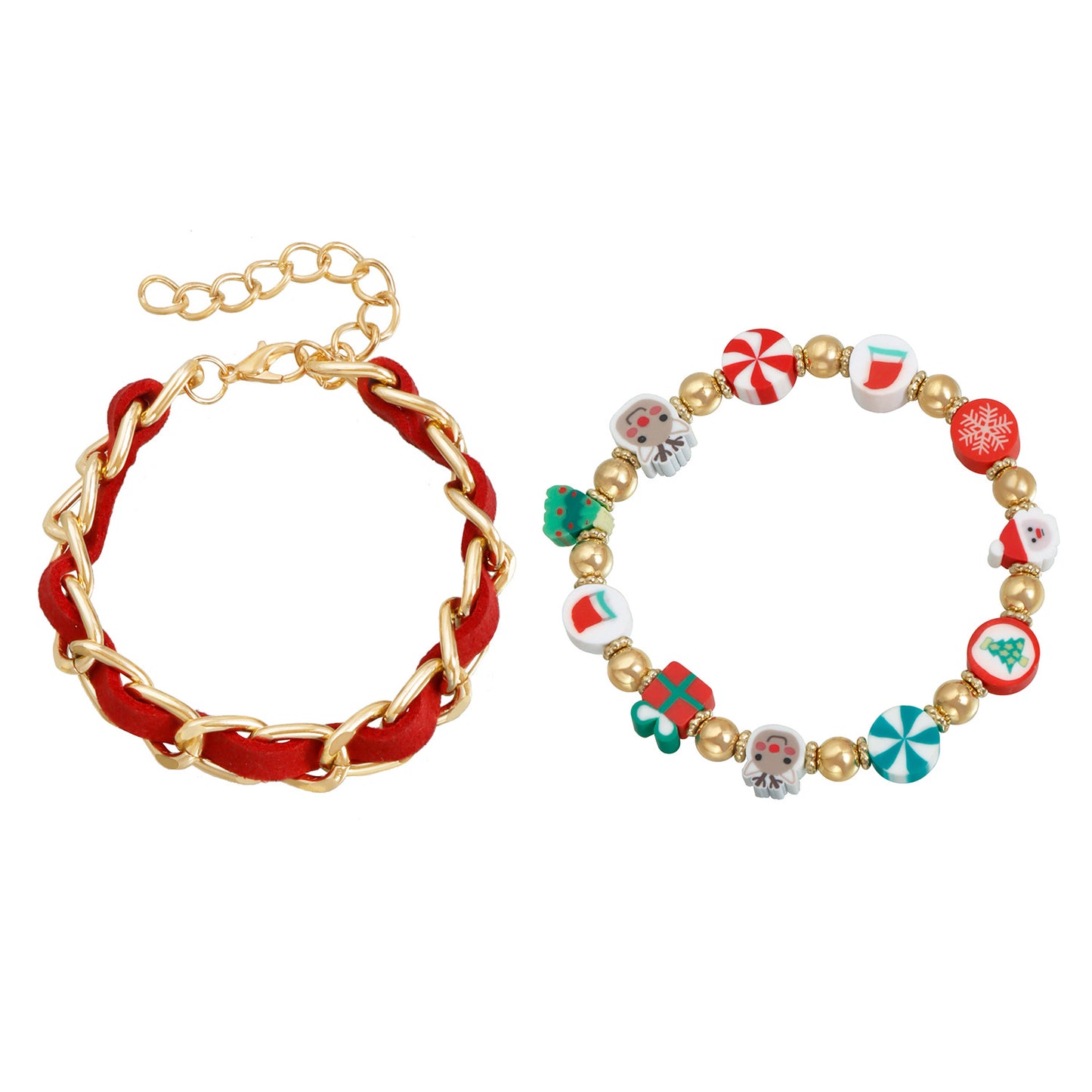 Pulsera de Cuentas de Arcilla Polimérica Colorida y Creativa para Mujer con Forma Geométrica, Acabado Chapado y Acentos de Campana Navideña