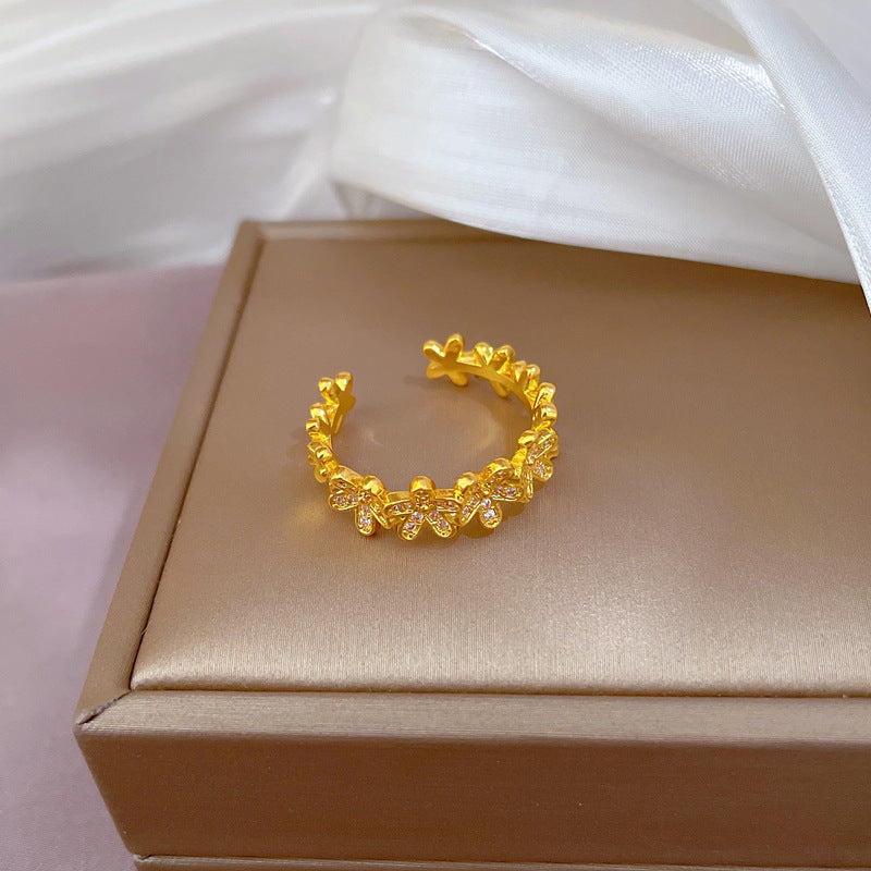 Minimalist Adjustable Open Ring for Women with Crown Shape in Brass with Zircon Inlay