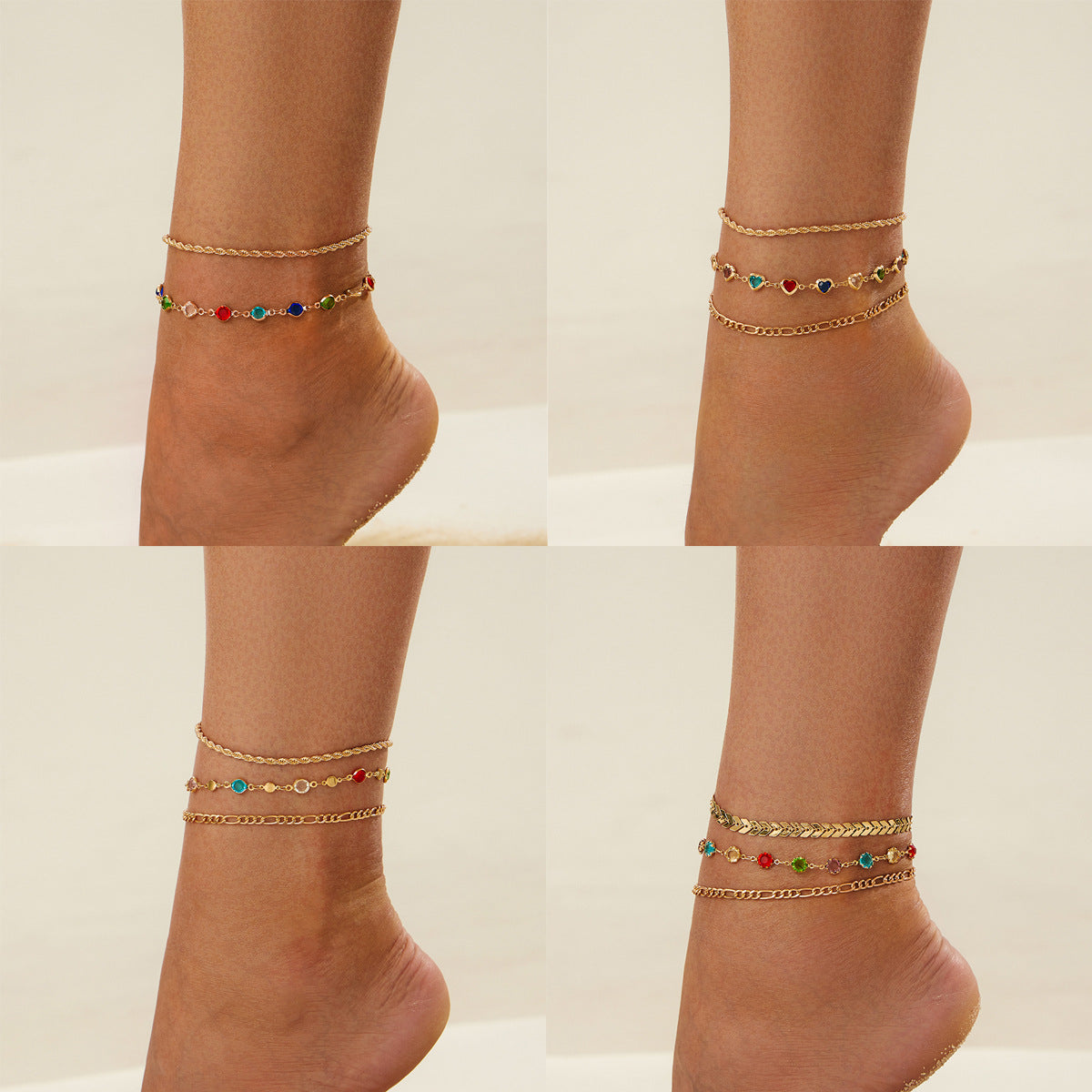 Minimalist Drip Oil Crystal Heart Cherry Rope Chain Anklet for Women