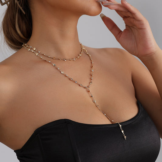 Fashion Heart Geometric Rhinestone Plated Alloy Y-Shape Necklace for Women