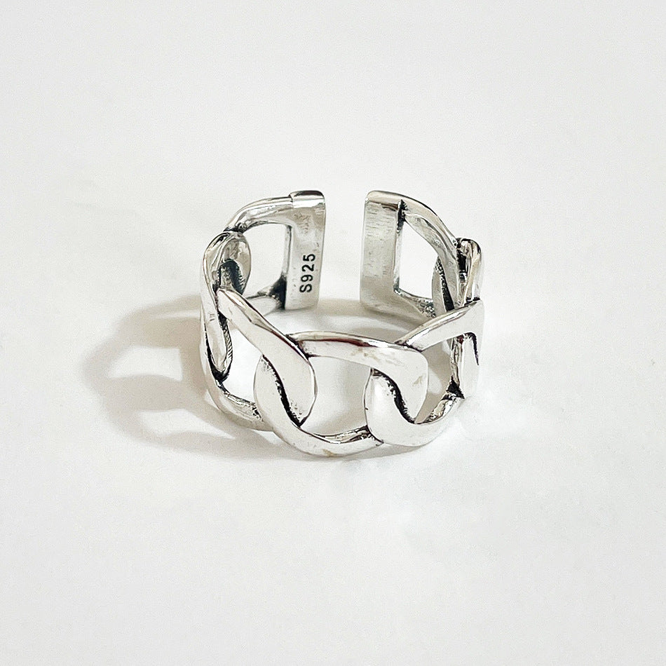S925 Sterling Silver Vintage Minimalist Square Bar Open Ring for Women Mesh Texture Adjustable Band