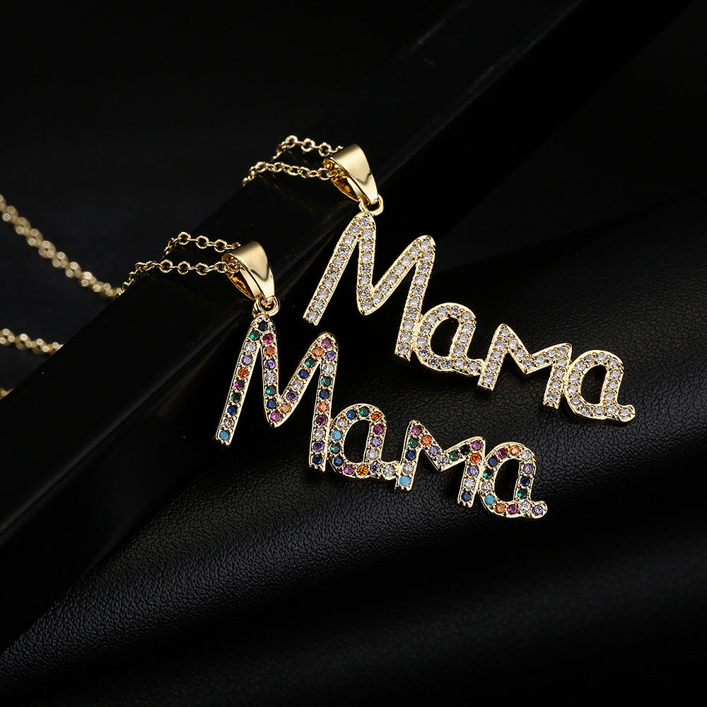 Geometric MAMA Pendant Necklace in Copper with Cubic Zirconia Inlay and 18K Gold Plating for Women