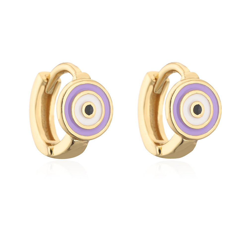 Orecchini a Cerchio Minimalisti Geometrici in Rame con Placcatura in Oro 18K e Dettaglio Occhio Smaltato da Donna