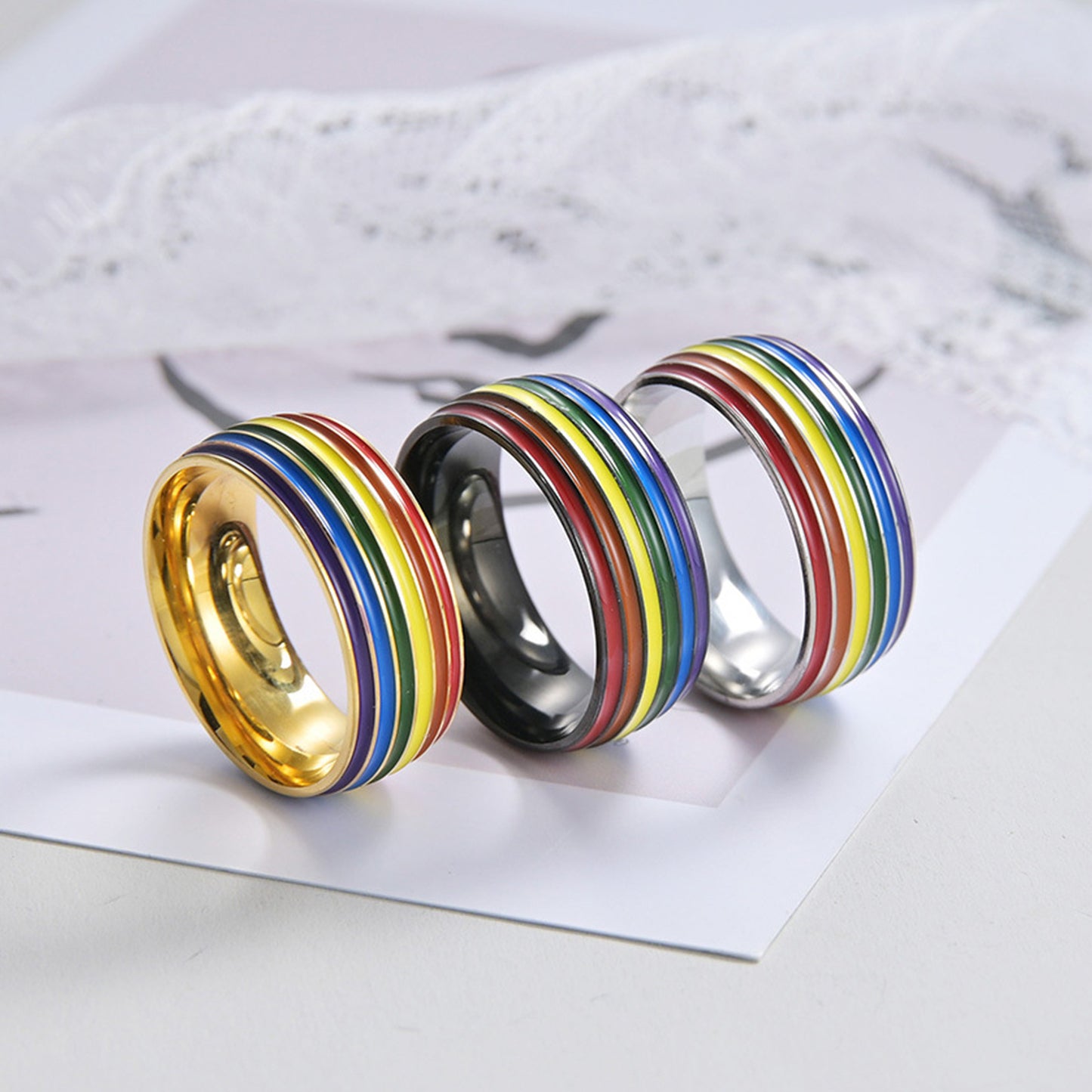 Anillo de acero inoxidable unisex con goteo geométrico de aceite