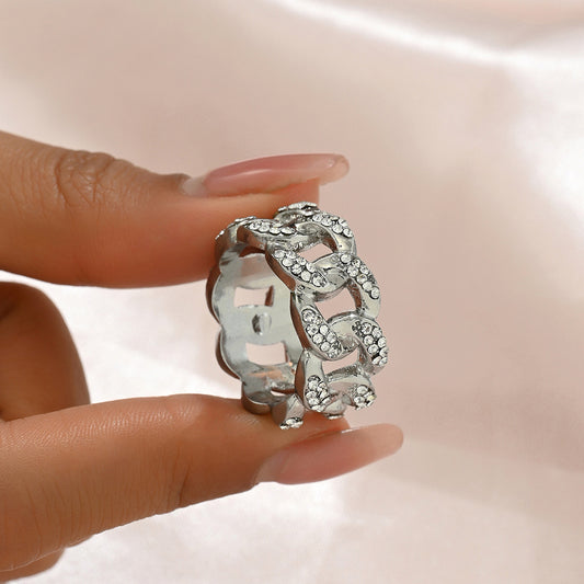 Anillo minimalista geométrico de aleación de zinc para mujer con incrustaciones de diamante, anillo de dedo de banda simple para el dedo índice