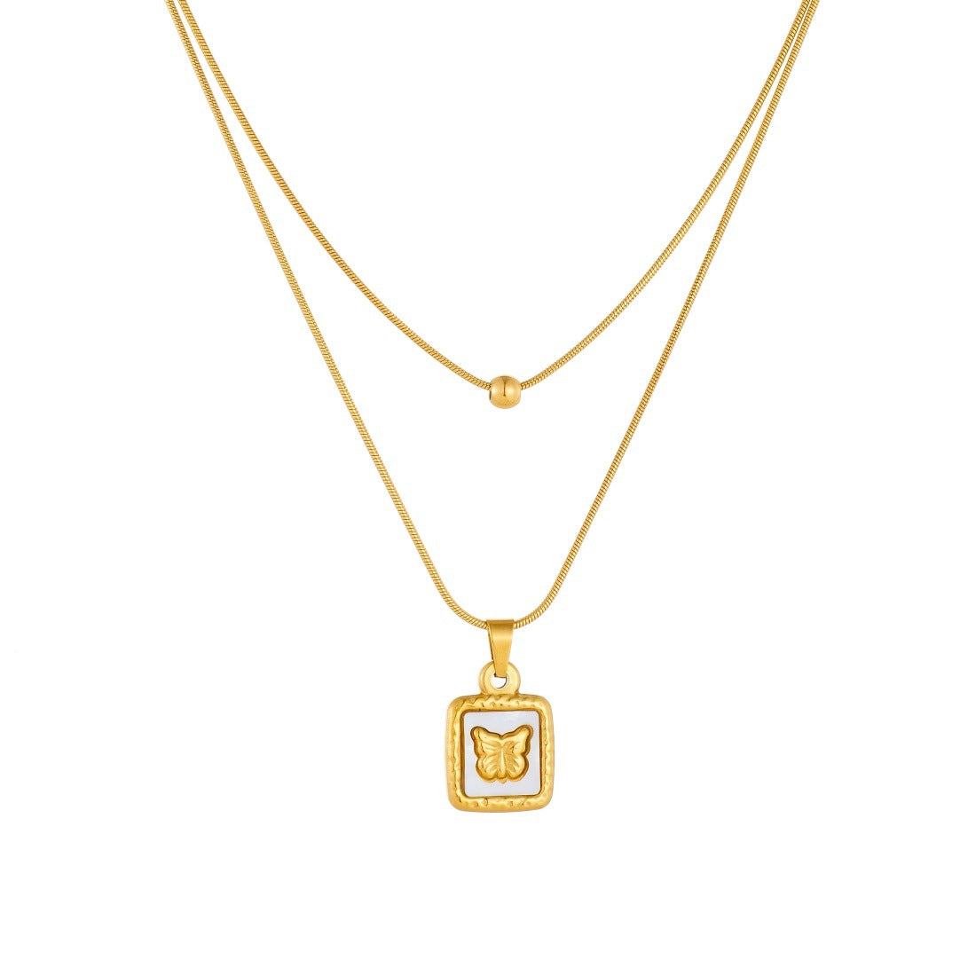 Vintage Gold Plated Stainless Steel Round Square Geometric Butterfly Floral Pendant Necklace with Snake Chain