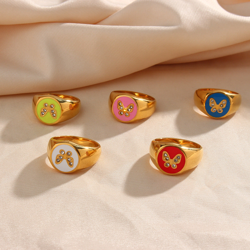 Anillo Geométrico de Mariposa Esmaltado de Circones de Acero Inoxidable Chapado en Oro de 18K Estilo Vintage para Mujer