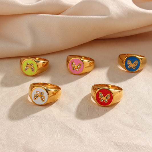 Anello da donna a farfalla geometrica in acciaio inossidabile placcato oro 18K con zirconi smaltati in stile vintage