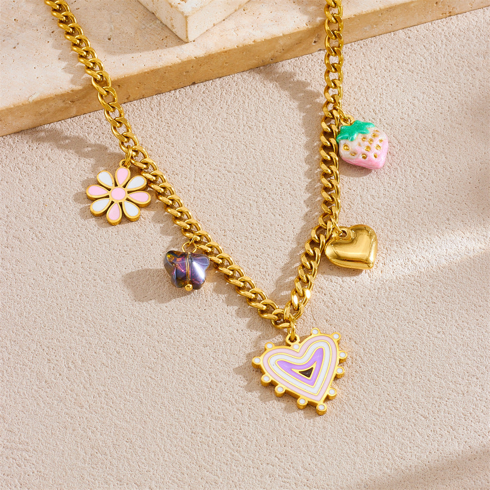 Sweet Gradient Strawberry Floral Heart Pendant Necklace in Stainless Steel with Plated Finish