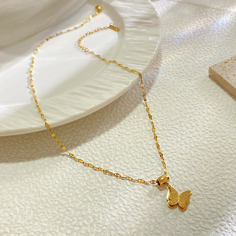 Minimalist Luxury Matte Gold Plated Titanium Steel Butterfly Necklace