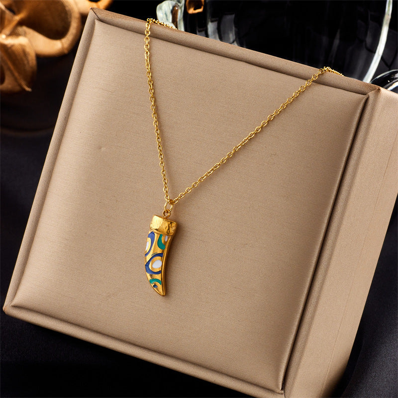 Vintage-Style Tassel Pendant Necklace with Titanium Steel Chain and Enamel Finish for Women