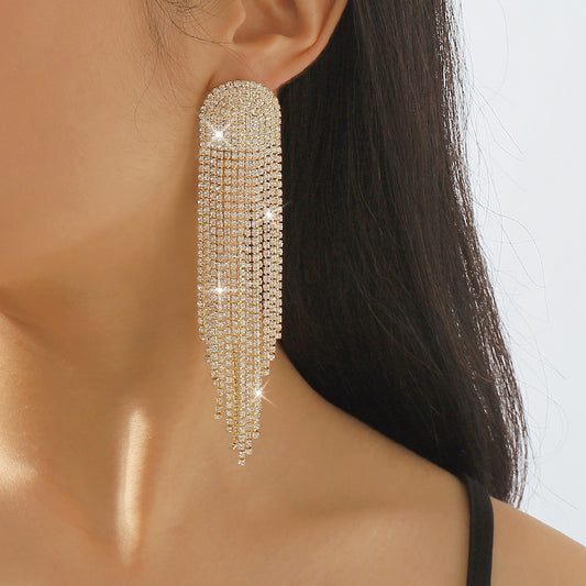 Pendientes largos con borla de diamantes de imitación geométricos, dulces y atrevidos, con engaste de cadena de garra para mujer