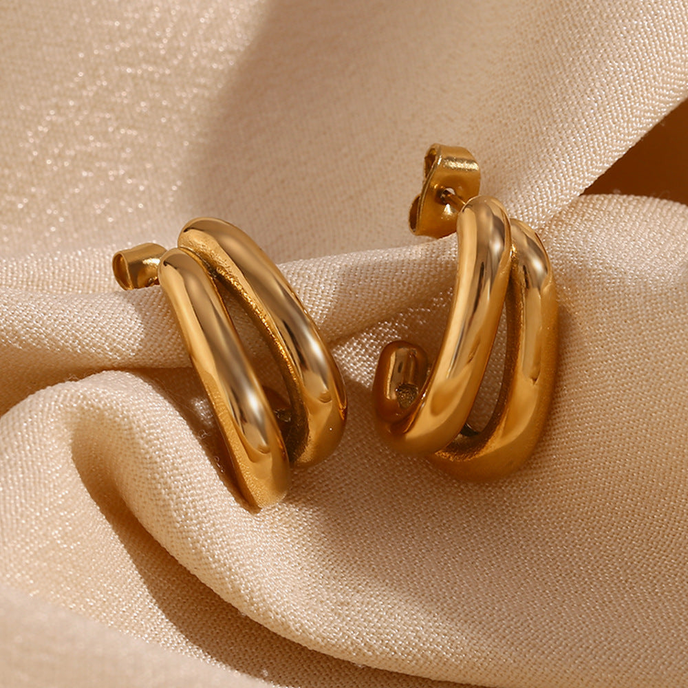 Minimalist Fashion Stainless Steel Plated 18K Gold Double-Layer Banana-Shaped Earrings for Women