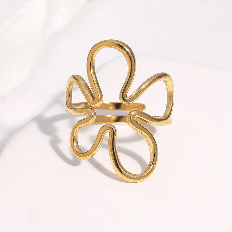 Sweet Minimalist Hollow Flower Plated Stainless Steel Ring for Women