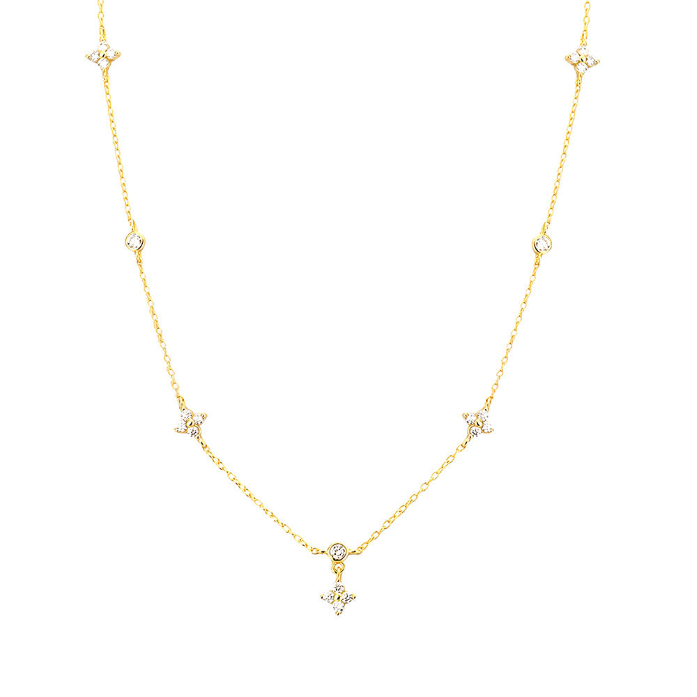 Sweet Streetwear 925 Sterling Silver Floral Rhinestone Inlay Necklace with Curb Chain for Women