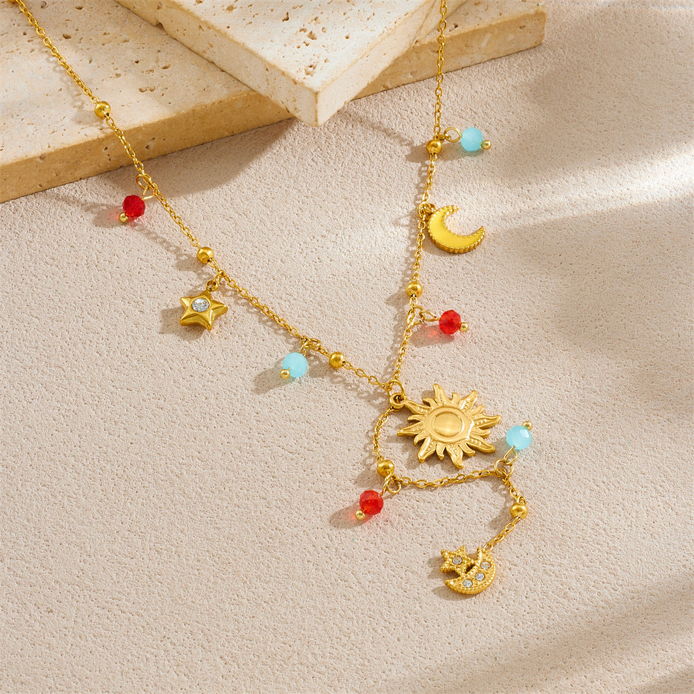 Vintage Elegant Star Moon Sun Pendant Stainless Steel Plated Y-Chain Necklace for Women