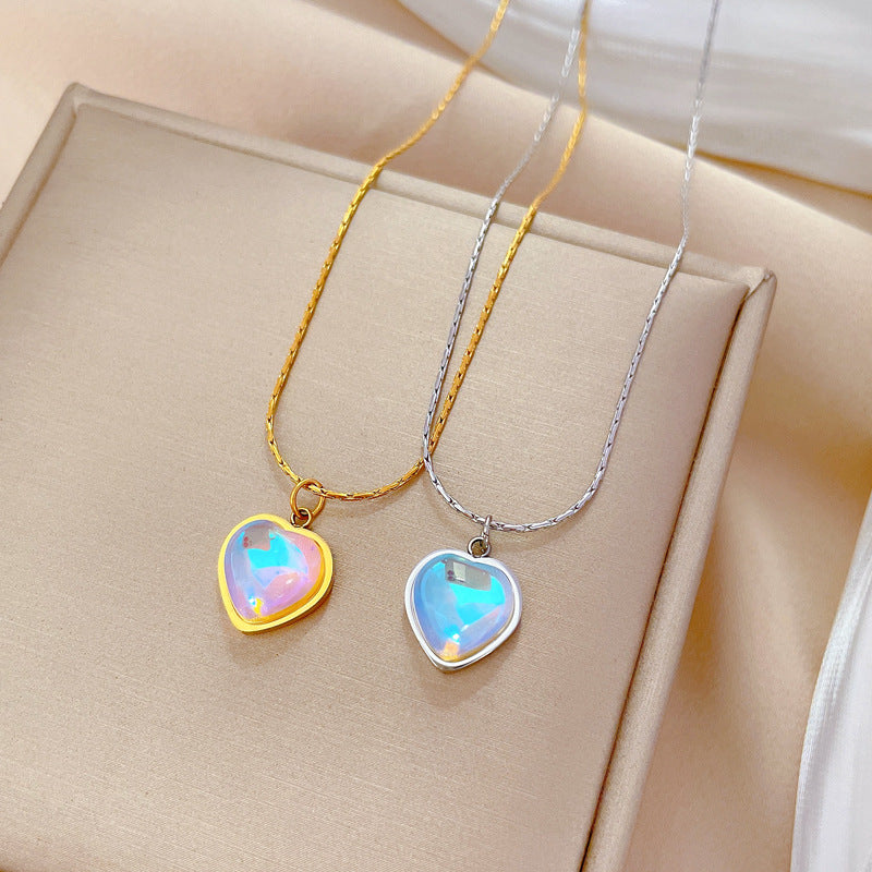 Minimalist Titanium Steel Heart Pendant Collar Chain Floral Accent Necklace