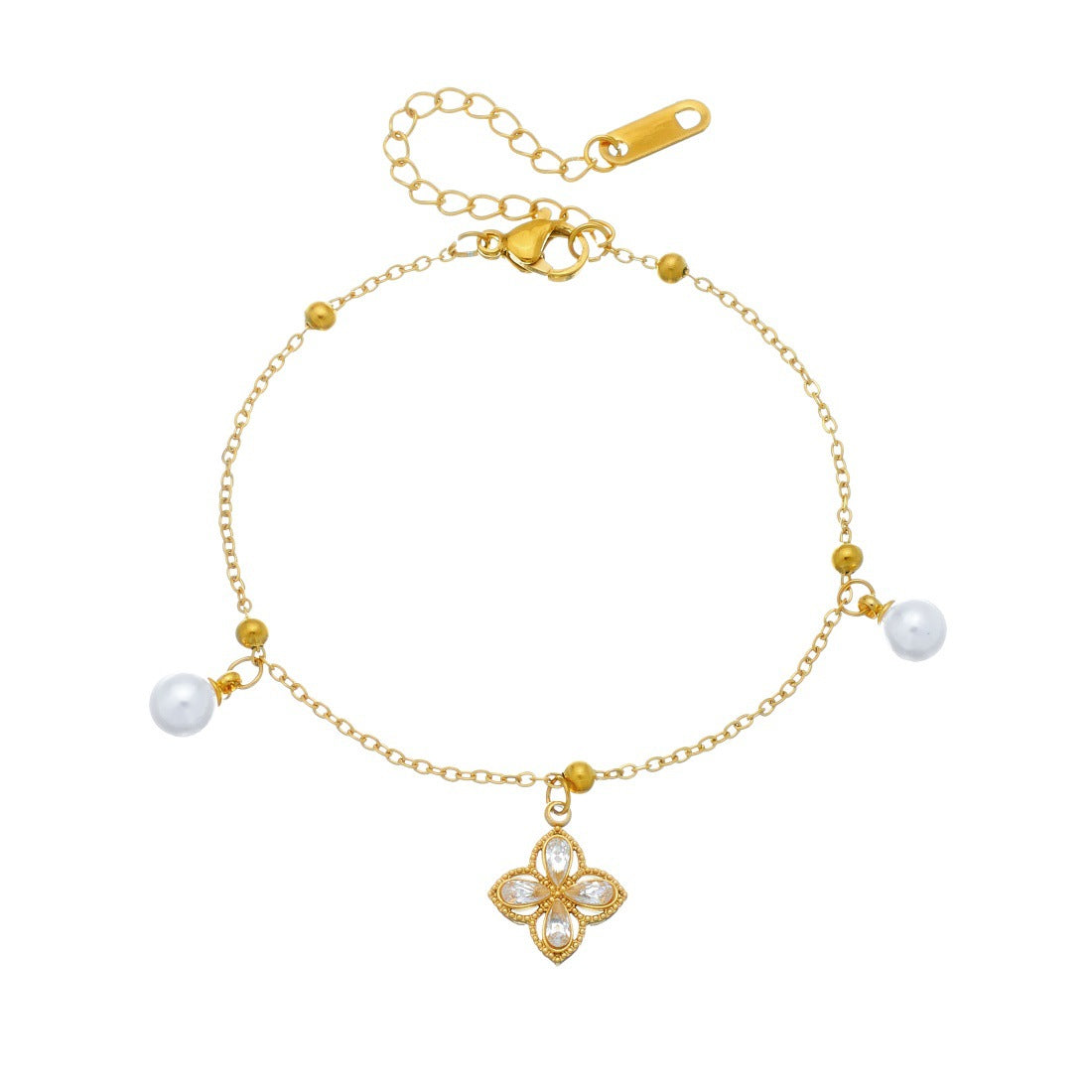 Elegant Business Gold Plated Stainless Steel Square Floral Rhinestone and Imitation Pearl Bracelet