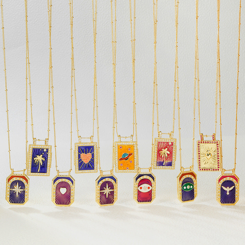 Geometric Gold Plated Brass Drip Oil Cubic Zirconia Inlay Tarot Necklace with Cable Chain