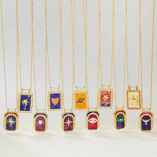 Geometric Gold Plated Brass Drip Oil Cubic Zirconia Inlay Tarot Necklace with Cable Chain