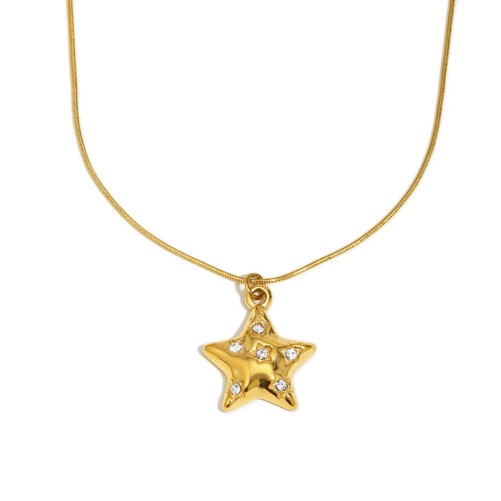 Luxury Minimalist Star-Shaped Stainless Steel Necklace with 18K Gold Plating and Rhinestone Accents
