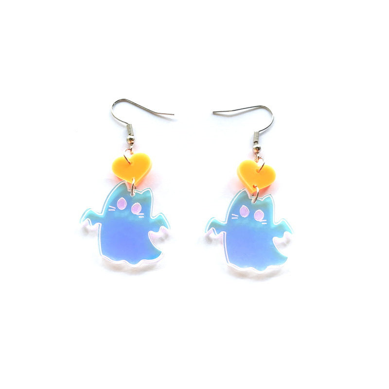 Lindos aretes acrílicos de gato fantasma de Halloween con colores de caramelo y efecto iridiscente
