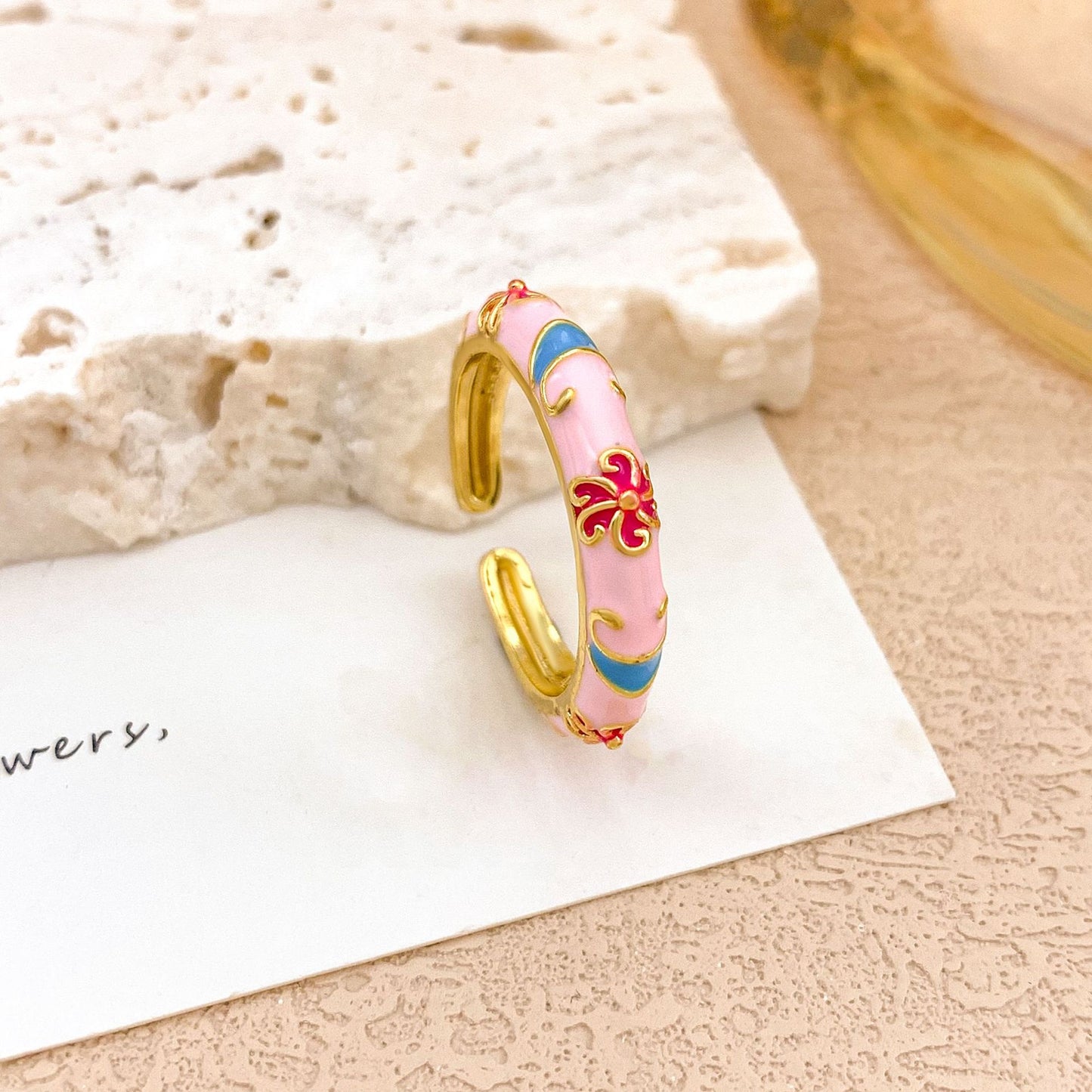 Anello da donna in lega smaltata floreale elegante di lusso