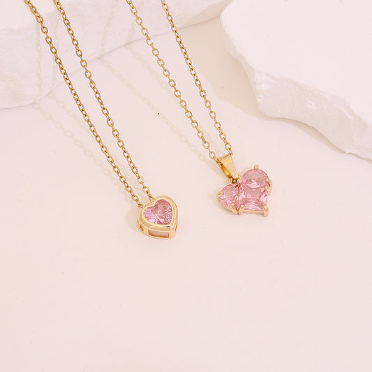 Fashionable Heart-Shaped Stainless Steel Pendant Necklace with Pink Zircon Inlay for Women
