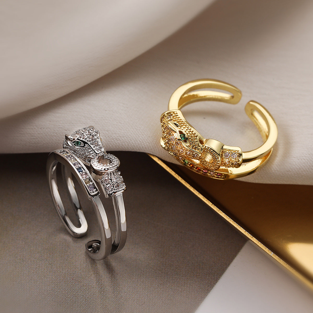 Minimalist Leopard-Shaped Copper Ring with Gold Plating and Micro-Pavé Zirconia for Women