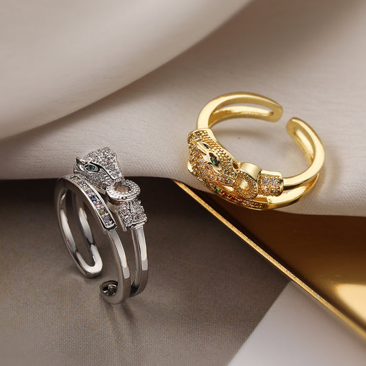 Minimalist Leopard-Shaped Copper Ring with Gold Plating and Micro-Pavé Zirconia for Women