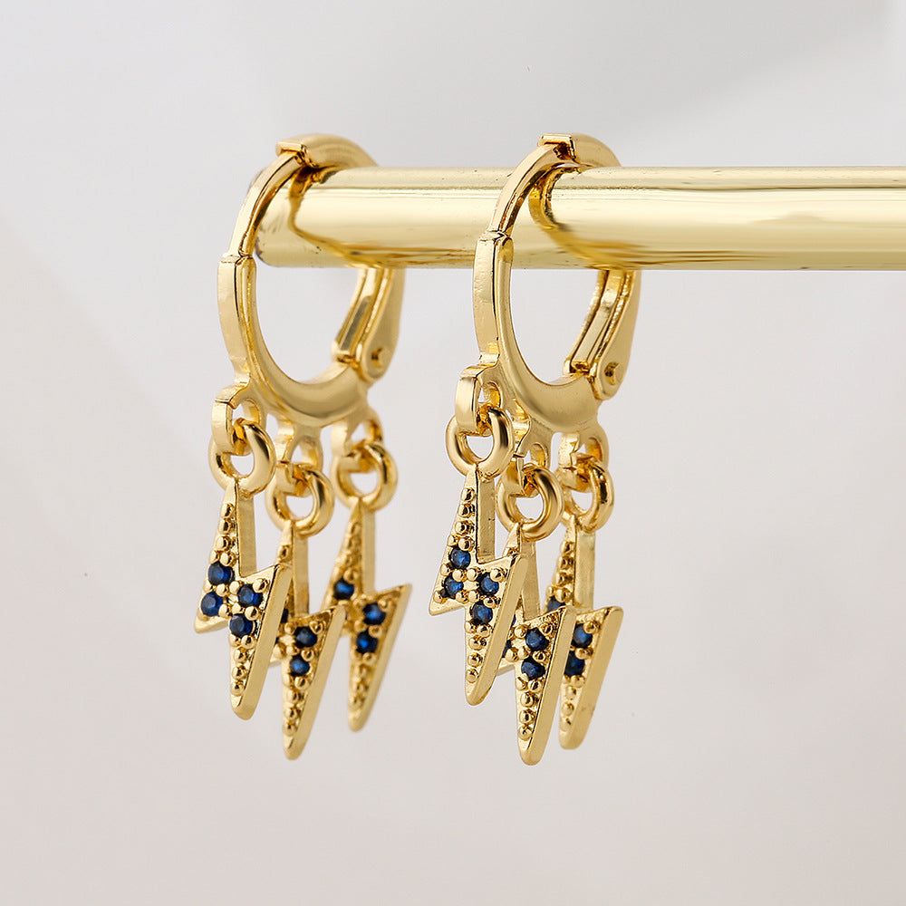 Minimalist Geometric Lightning-Shaped Earrings for Women Made of Brass with 18K Gold Plating and Zircon Inlay