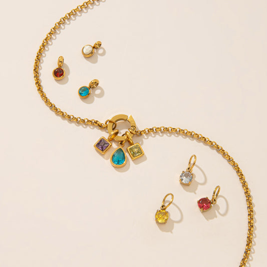 Vintage Geometric Stainless Steel 18K Gold PVD Plated DIY Charm Bar Necklace with 12 Birthstones