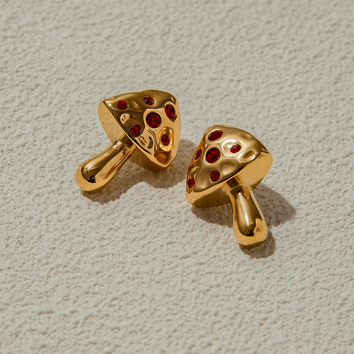 Luxury Elegant Geometric Mushroom Stud Earrings with Red Cubic Zirconia, Stainless Steel and Titanium Steel Post, 18K Gold Plated