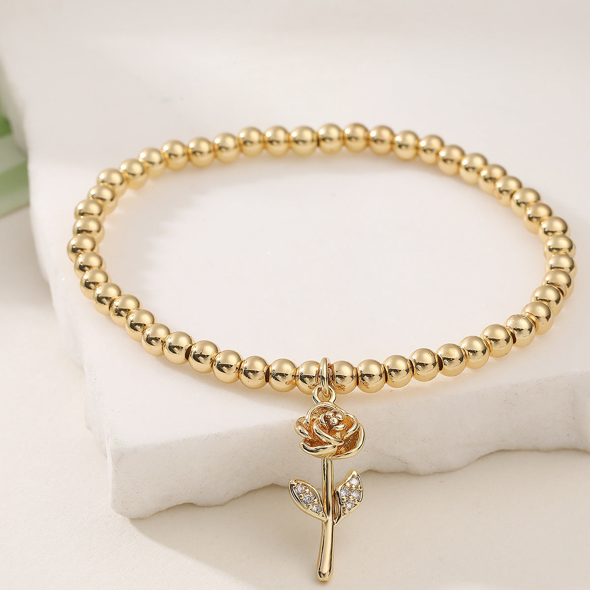 Fashion Geometric Rose 18K Gold Plated Brass Cubic Zirconia Pendant Bracelet for Women