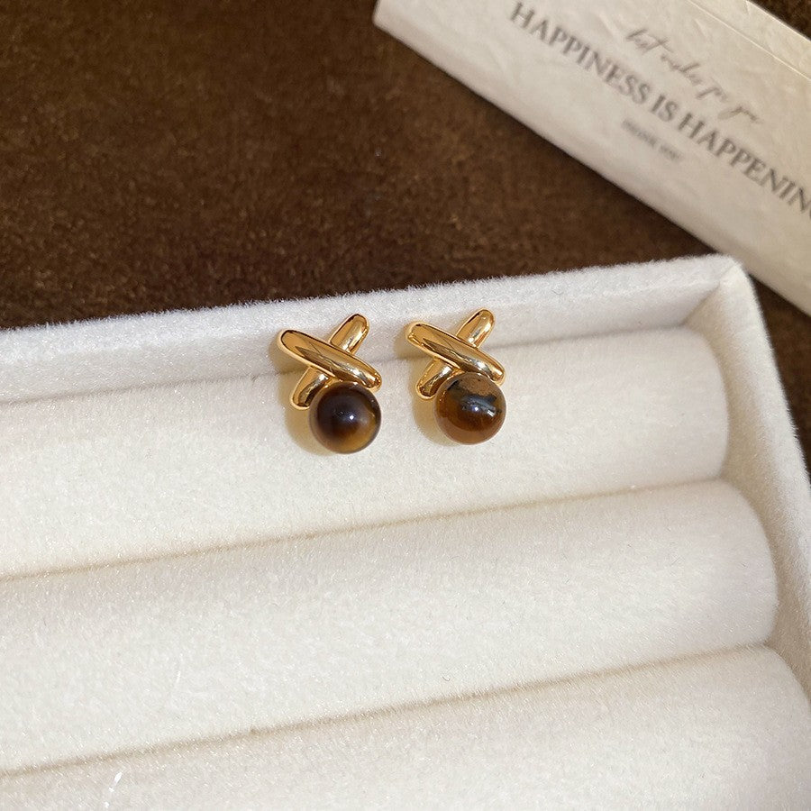 Orecchini a perno geometrici vintage in occhio di tigre, in acciaio placcato oro 18 carati da donna