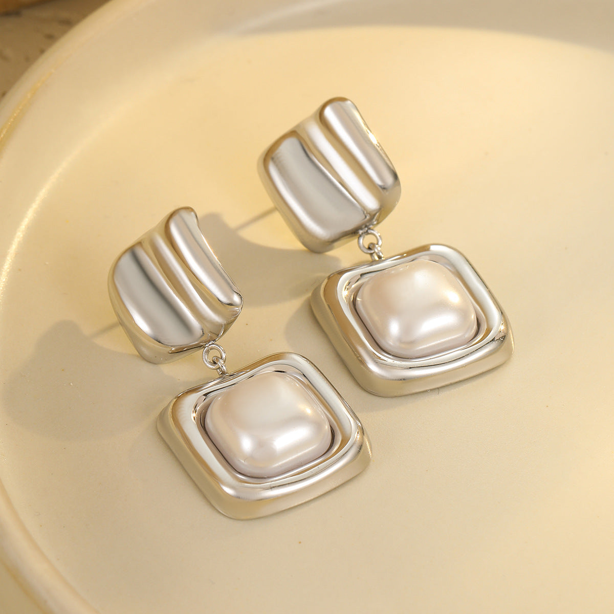 French Vintage Geometric Square Irregular Pearl Earrings for Women Stainless Steel Plated with 18K Gold Luxury Minimalist Fashion Ear Jewelry