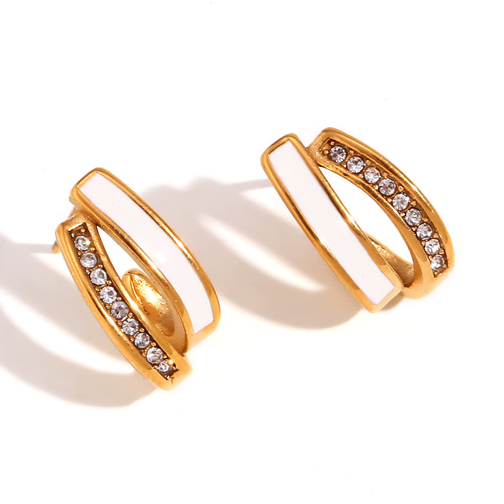 Orecchini Eleganti a U in Acciaio al Titanio con Finitura Geometrica, Placcatura in Oro 18K e Smalto, Stile Ufficio