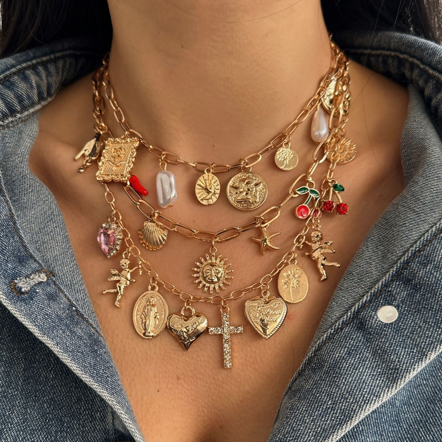 Casual Heart Cross Rhinestone Plated Alloy Necklace Layered Cable Chain for Women