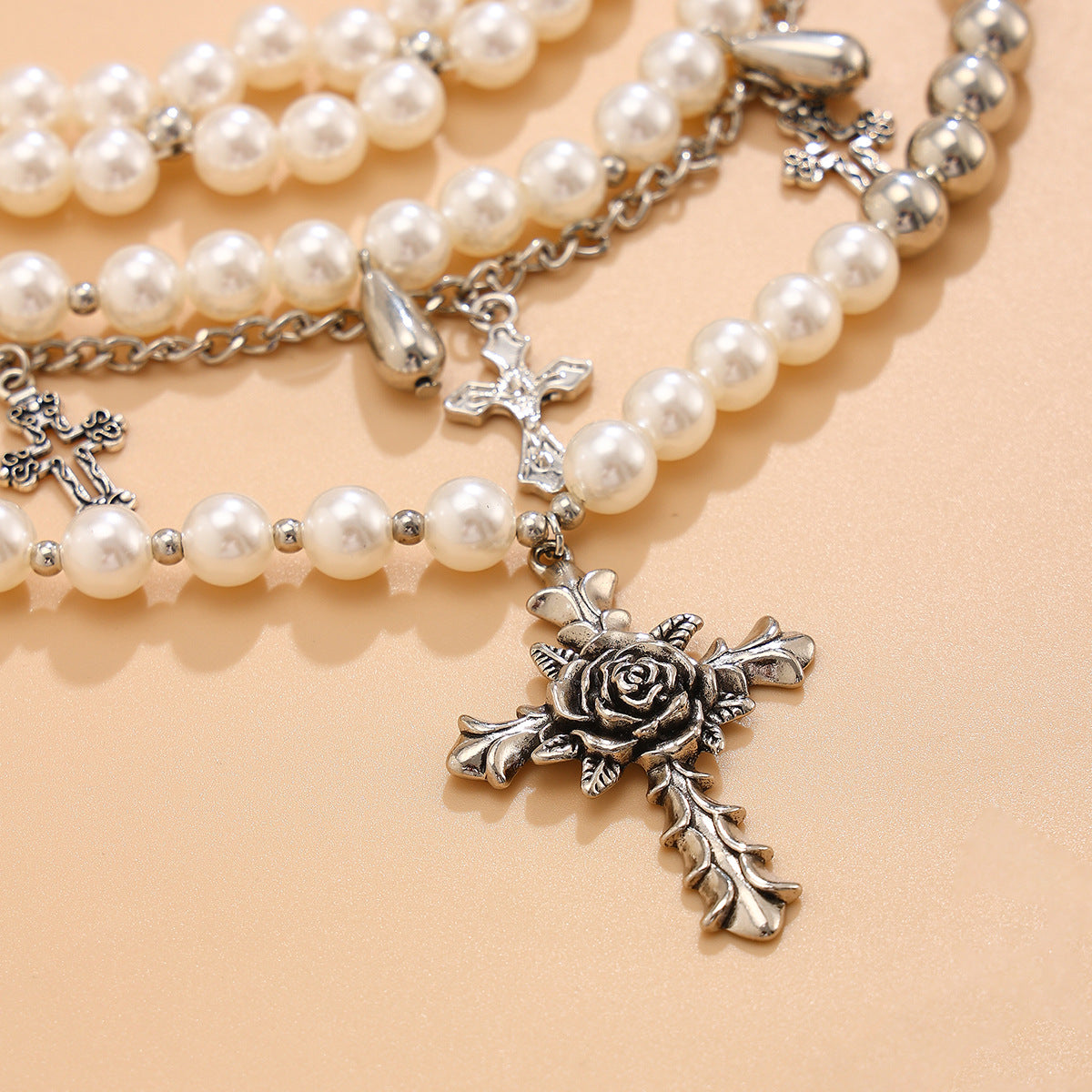 Exaggerated Thorny Rose Cross Pendant Necklace for Women with Alloy Pendant and Imitation Pearl Beads on Ball Chain