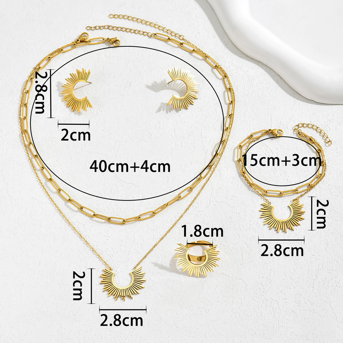 Encantador Juego de Joyas Minimalista de Girasol para Mujer, Bañado en Cobre, Pulsera, Pendientes, Collar y Anillo para el Dedo Índice
