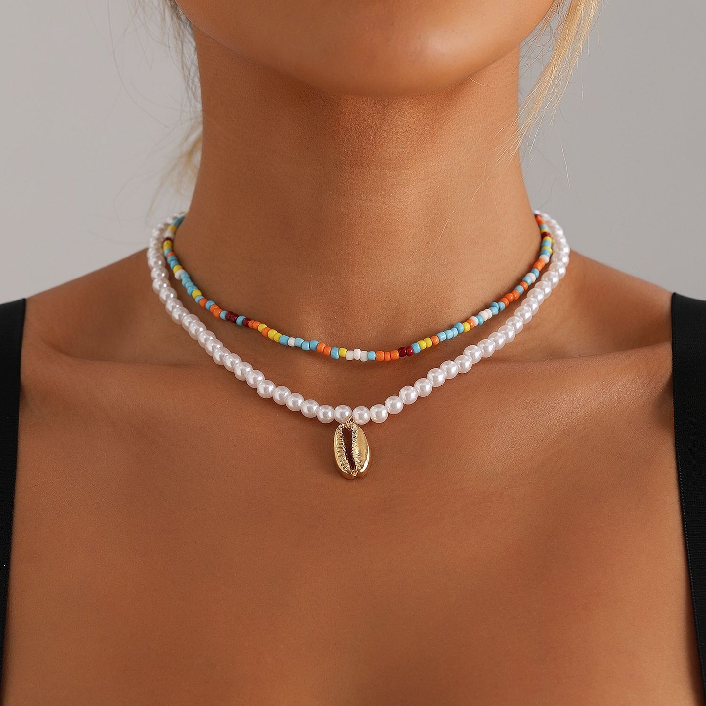 Bohemian Colorful Beaded Imitation Pearl Double Layer Shell Pendant Necklace for Women
